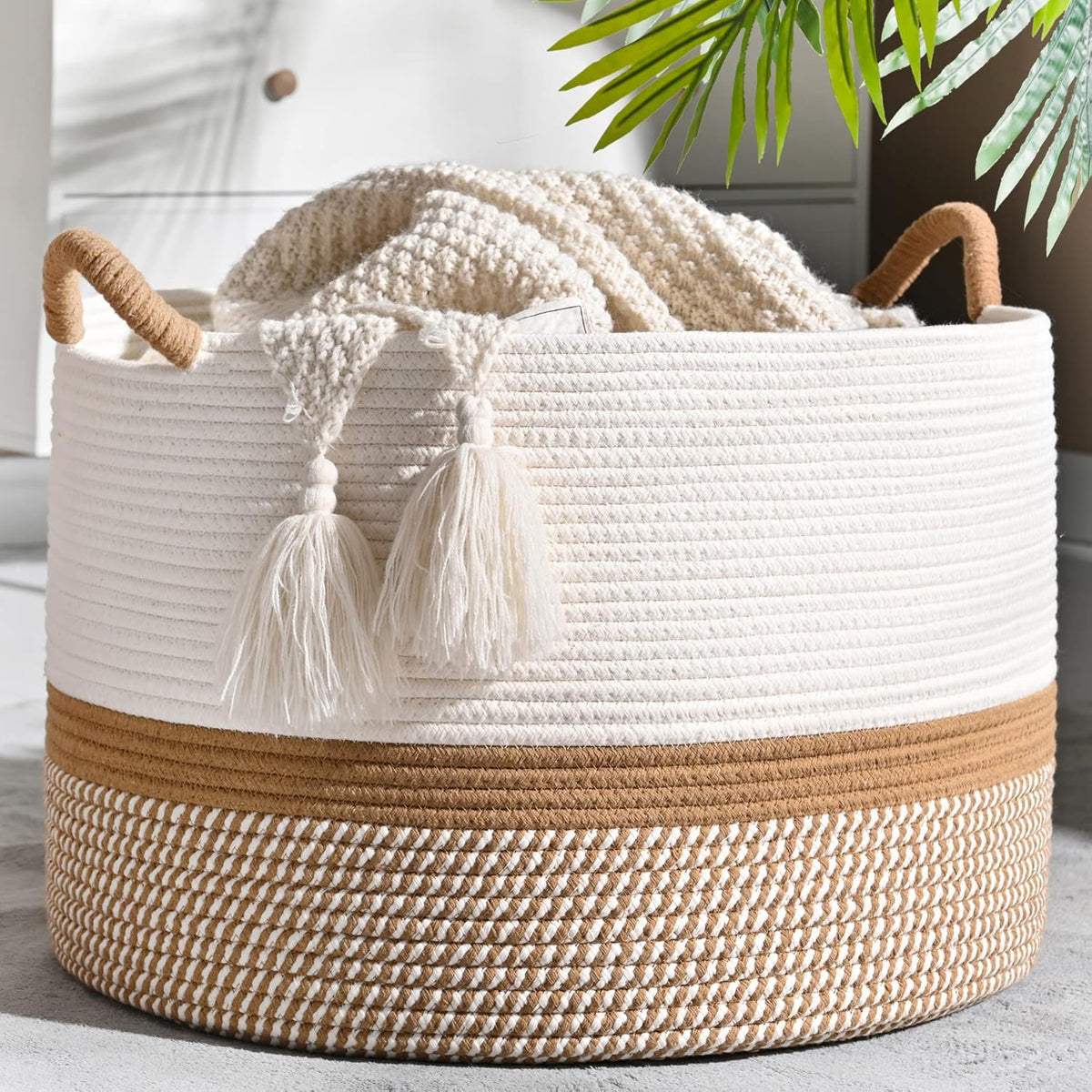 KAKAMAY Large Blanket Basket (20"x13"),Woven Baskets for storage Baby Laundry Hamper, Cotton Rope Blanket Basket for Living Room, Laundry, Nursery, Pillows, Baby Toy chest (White/Beige) - Grand Goldman