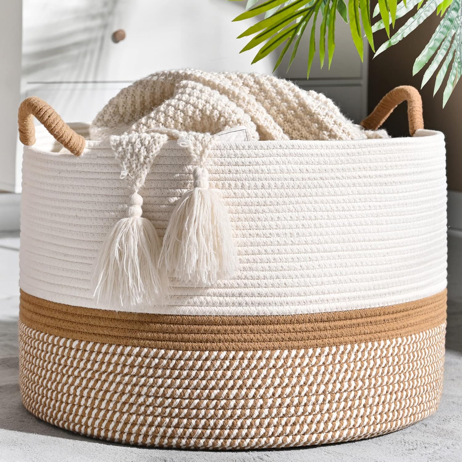 KAKAMAY Large Blanket Basket (20"x13"),Woven Baskets for storage Baby Laundry Hamper, Cotton Rope Blanket Basket for Living Room, Laundry, Nursery, Pillows, Baby Toy chest (White/Beige) - Grand Goldman