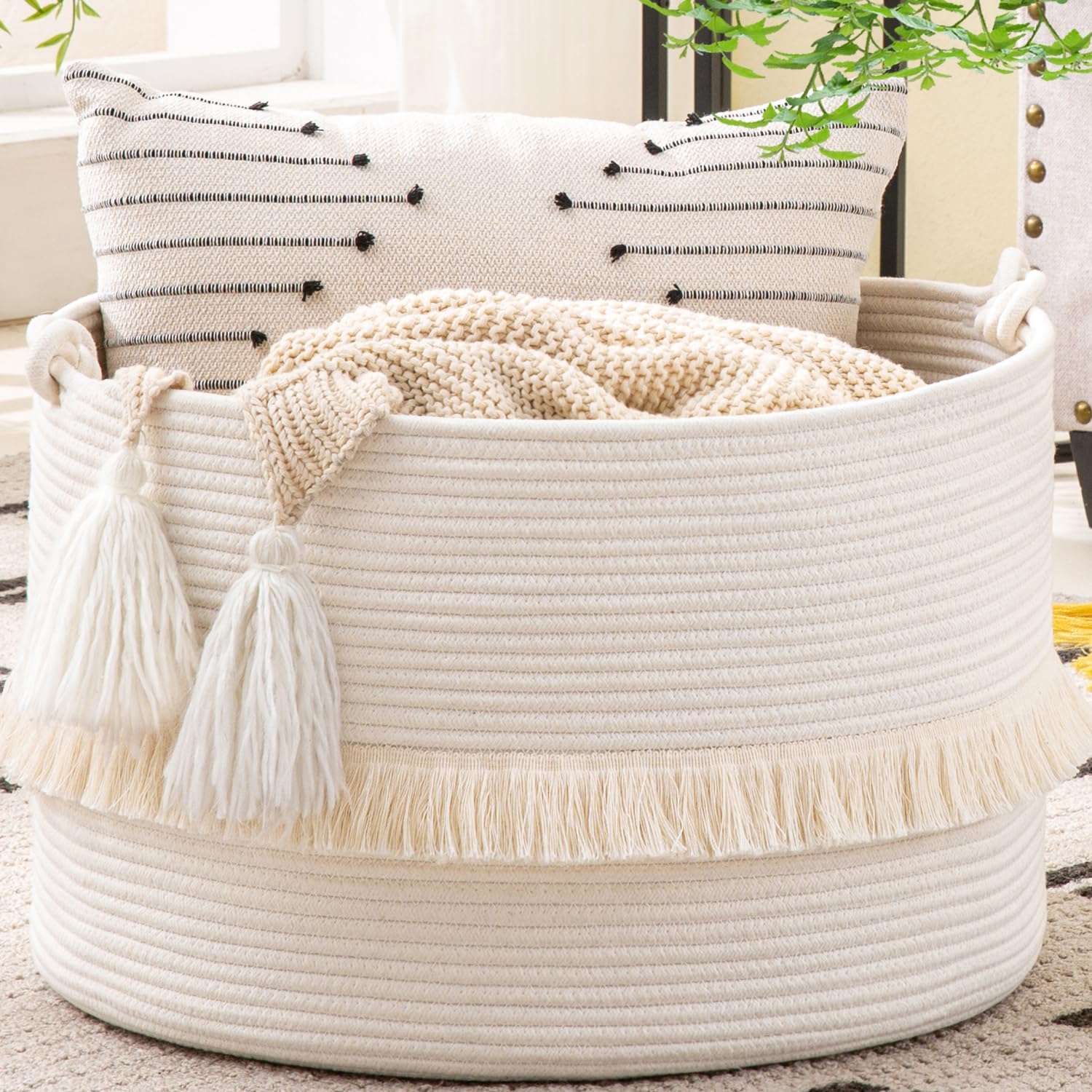 KAKAMAY Large Blanket Basket (20"x13"),Woven Baskets for storage Baby Laundry Hamper, Cotton Rope Blanket Basket for Living Room, Laundry, Nursery, Pillows, Baby Toy chest (White/Beige) - Grand Goldman