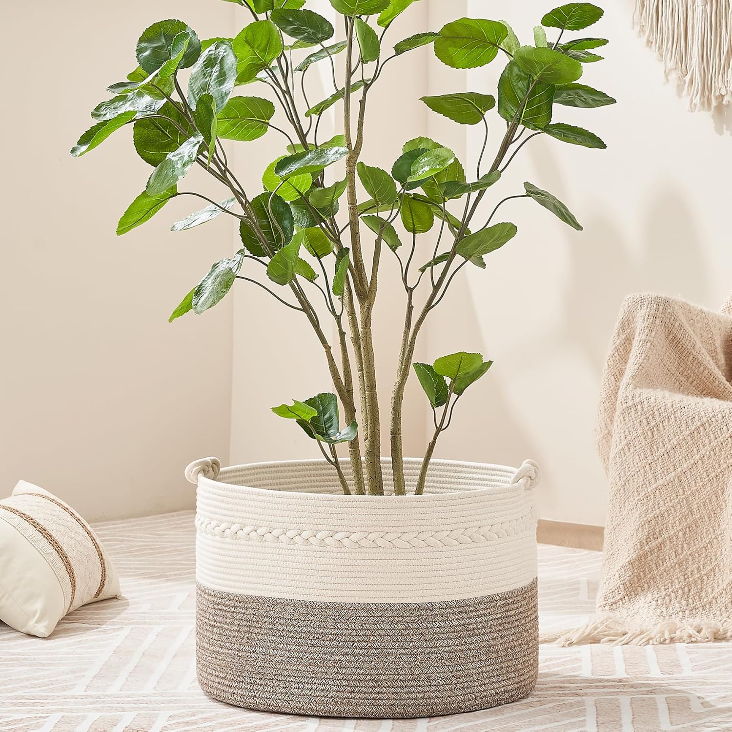 KAKAMAY Large Blanket Basket (20"x13"),Woven Baskets for storage Baby Laundry Hamper, Cotton Rope Blanket Basket for Living Room, Laundry, Nursery, Pillows, Baby Toy chest (White/Beige) - Grand Goldman