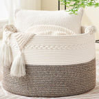 KAKAMAY Large Blanket Basket (20"x13"),Woven Baskets for storage Baby Laundry Hamper, Cotton Rope Blanket Basket for Living Room, Laundry, Nursery, Pillows, Baby Toy chest (White/Beige) - Grand Goldman