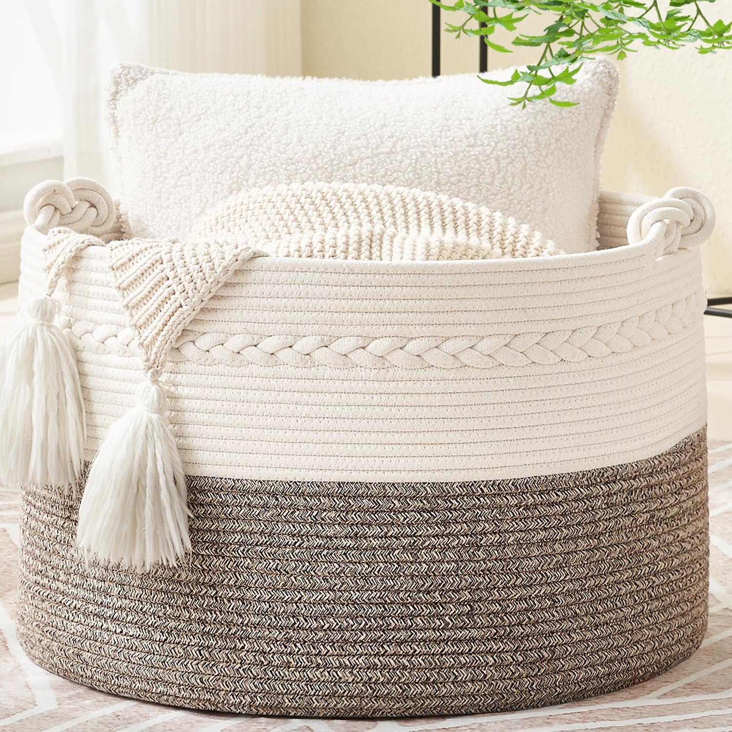 KAKAMAY Large Blanket Basket (20"x13"),Woven Baskets for storage Baby Laundry Hamper, Cotton Rope Blanket Basket for Living Room, Laundry, Nursery, Pillows, Baby Toy chest (White/Beige) - Grand Goldman