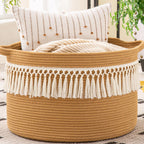 KAKAMAY Large Blanket Basket (20"x13"),Woven Baskets for storage Baby Laundry Hamper, Cotton Rope Blanket Basket for Living Room, Laundry, Nursery, Pillows, Baby Toy chest (White/Beige) - Grand Goldman