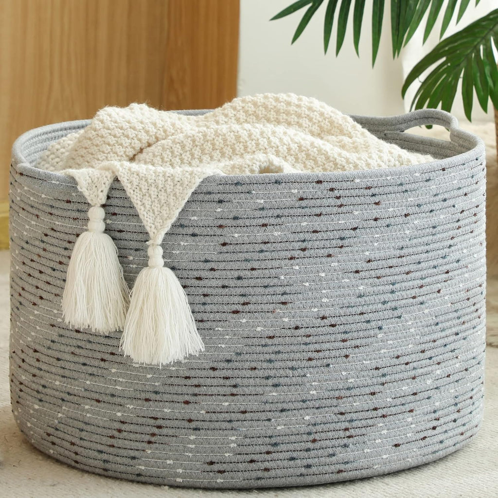 KAKAMAY Large Blanket Basket (20"x13"),Woven Baskets for storage Baby Laundry Hamper, Cotton Rope Blanket Basket for Living Room, Laundry, Nursery, Pillows, Baby Toy chest (White/Beige) - Grand Goldman