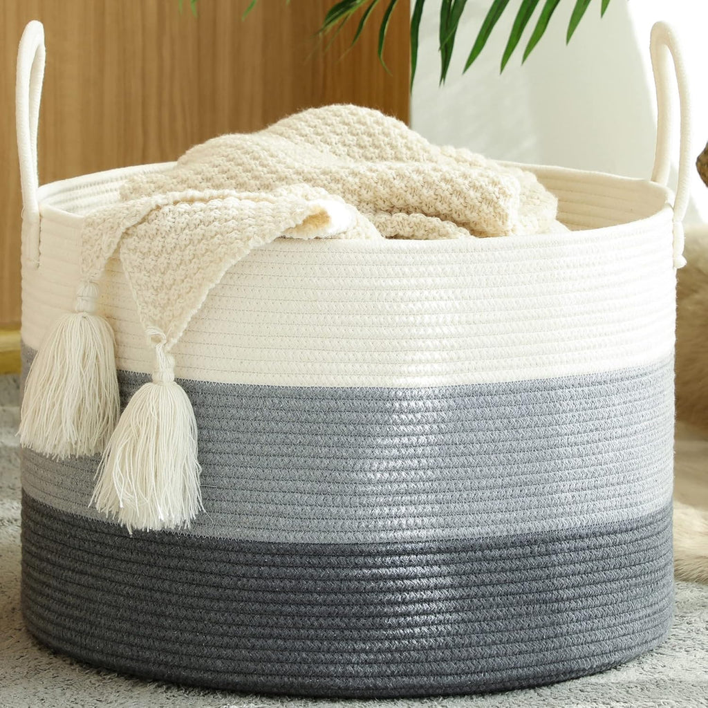KAKAMAY Large Blanket Basket (20"x13"),Woven Baskets for storage Baby Laundry Hamper, Cotton Rope Blanket Basket for Living Room, Laundry, Nursery, Pillows, Baby Toy chest (White/Beige) - Grand Goldman