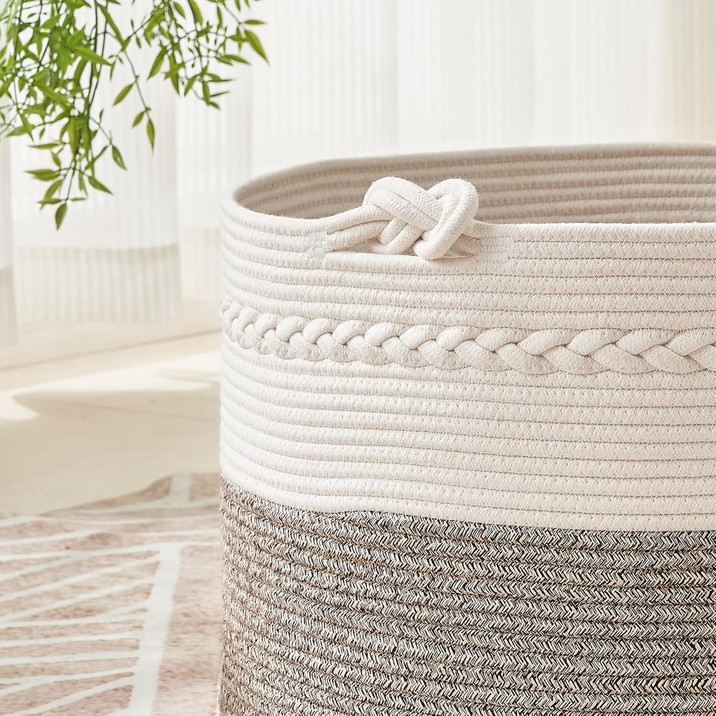 KAKAMAY Large Blanket Basket (20"x13"),Woven Baskets for storage Baby Laundry Hamper, Cotton Rope Blanket Basket for Living Room, Laundry, Nursery, Pillows, Baby Toy chest (White/Beige) - Grand Goldman