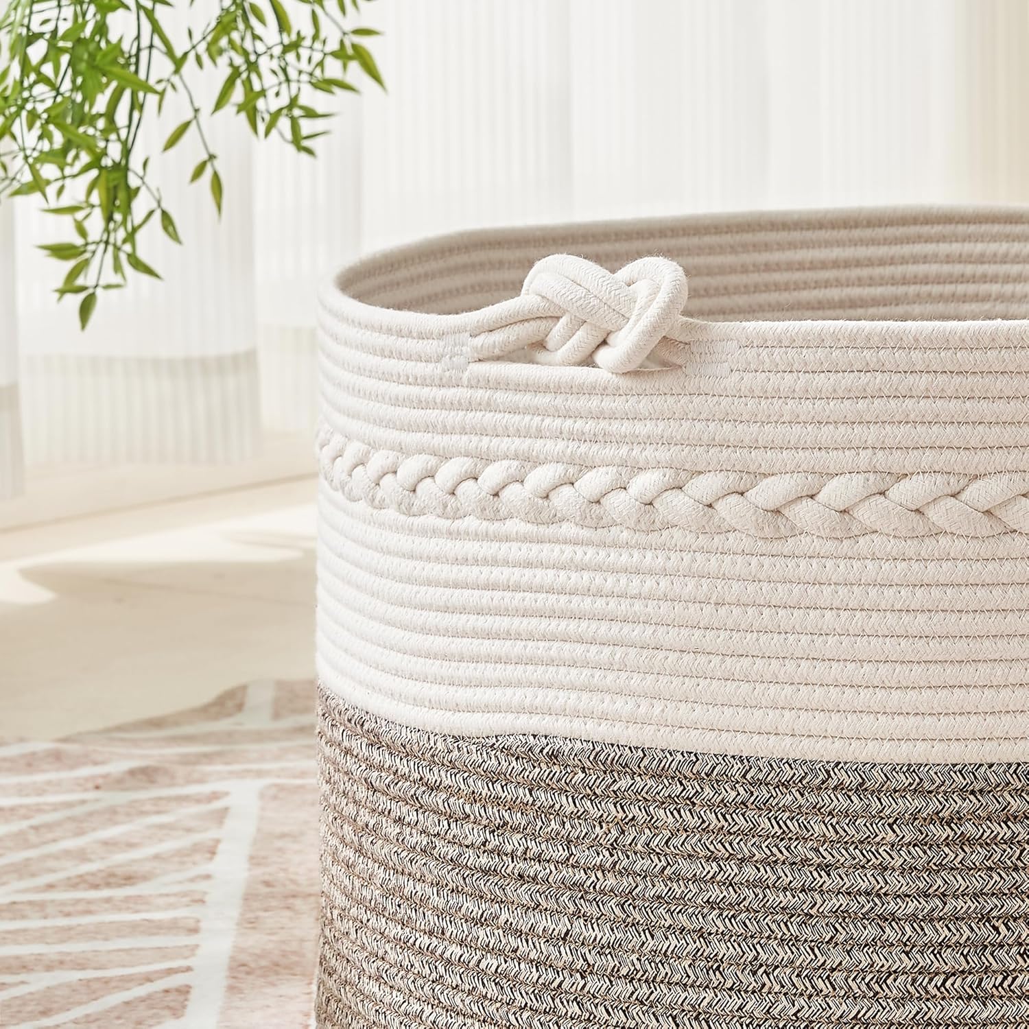 KAKAMAY Large Blanket Basket (20"x13"),Woven Baskets for storage Baby Laundry Hamper, Cotton Rope Blanket Basket for Living Room, Laundry, Nursery, Pillows, Baby Toy chest (White/Beige) - Grand Goldman