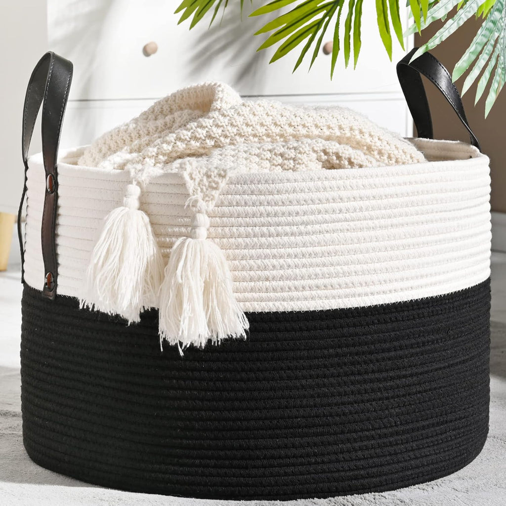 KAKAMAY Large Blanket Basket (20"x13"),Woven Baskets for storage Baby Laundry Hamper, Cotton Rope Blanket Basket for Living Room, Laundry, Nursery, Pillows, Baby Toy chest (White/Beige) - Grand Goldman