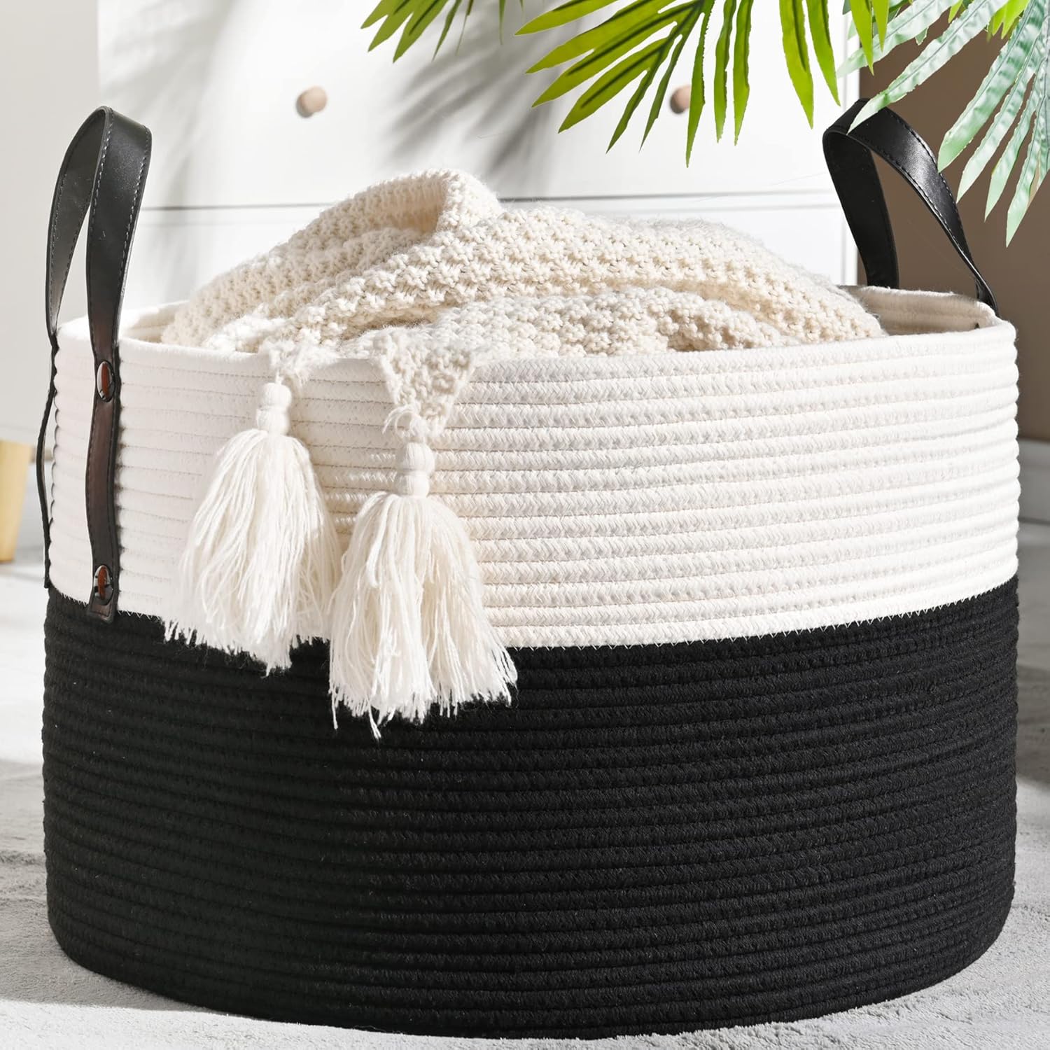 KAKAMAY Large Blanket Basket (20"x13"),Woven Baskets for storage Baby Laundry Hamper, Cotton Rope Blanket Basket for Living Room, Laundry, Nursery, Pillows, Baby Toy chest (White/Beige) - Grand Goldman
