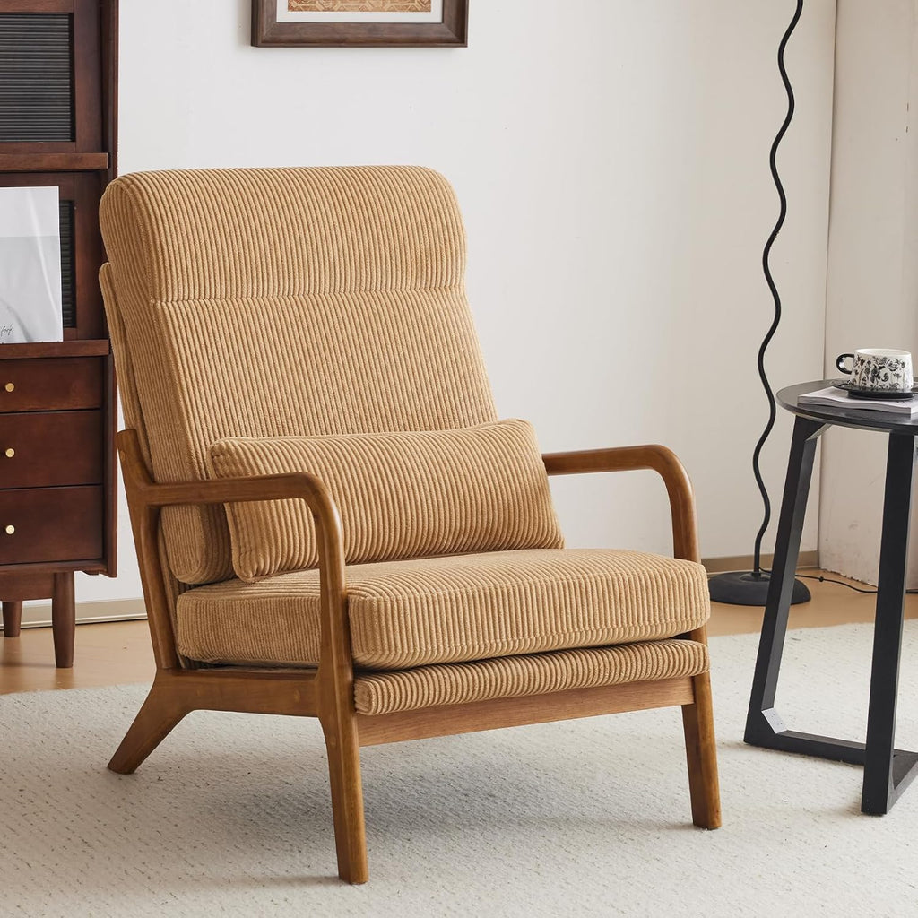 Karl home Accent Chair Mid-Century Modern Chair with Pillow Upholstered Lounge Arm Chair with Solid Wood Frame & Soft Cushion for Living Room, Bedroom, Balcony, Linen Beige (Low Back) - Grand Goldman