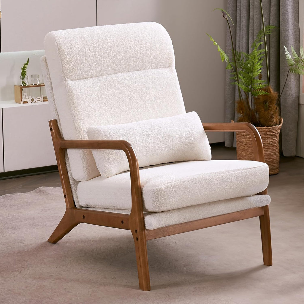 Karl home Accent Chair Mid-Century Modern Chair with Pillow Upholstered Lounge Arm Chair with Solid Wood Frame & Soft Cushion for Living Room, Bedroom, Balcony, Linen Beige (Low Back) - Grand Goldman
