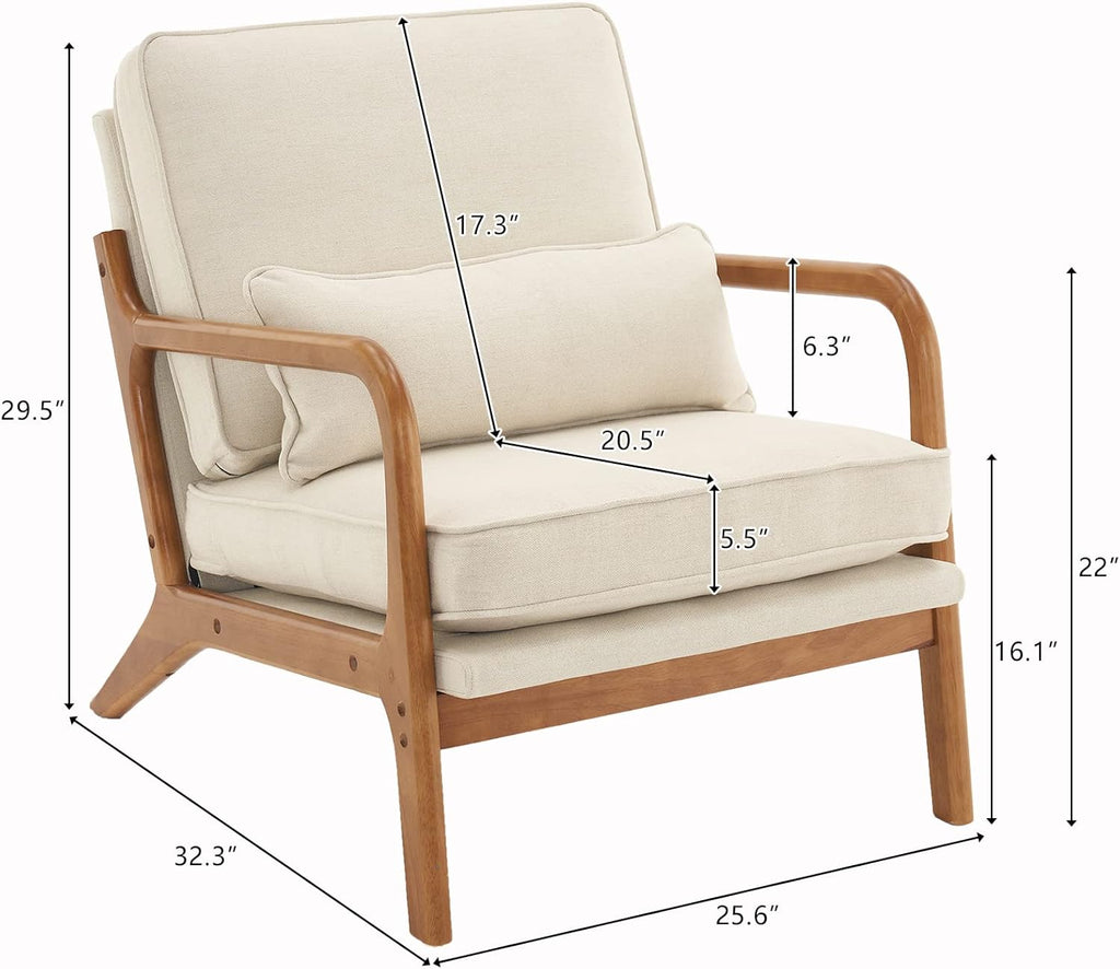 Karl home Accent Chair Mid-Century Modern Chair with Pillow Upholstered Lounge Arm Chair with Solid Wood Frame & Soft Cushion for Living Room, Bedroom, Balcony, Linen Beige (Low Back) - Grand Goldman