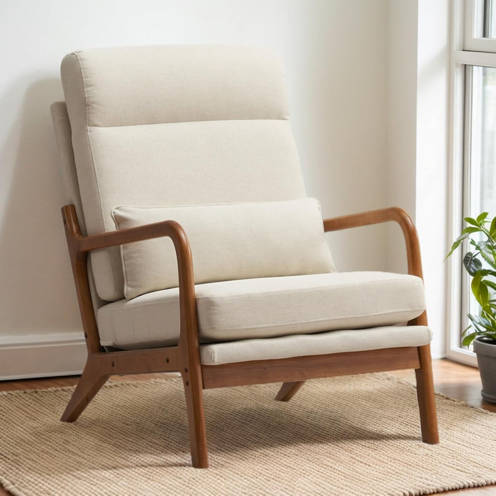Karl home Accent Chair Mid-Century Modern Chair with Pillow Upholstered Lounge Arm Chair with Solid Wood Frame & Soft Cushion for Living Room, Bedroom, Balcony, Linen Beige (Low Back) - Grand Goldman