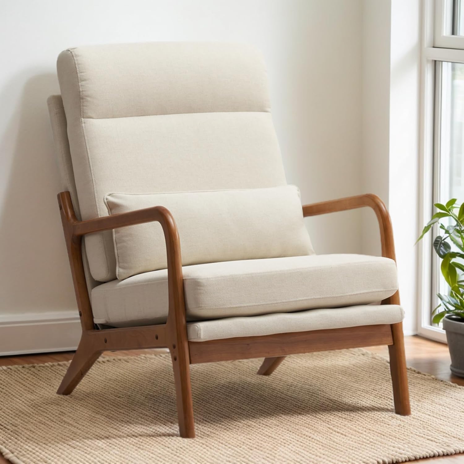 Karl home Accent Chair Mid-Century Modern Chair with Pillow Upholstered Lounge Arm Chair with Solid Wood Frame & Soft Cushion for Living Room, Bedroom, Balcony, Linen Beige (Low Back) - Grand Goldman