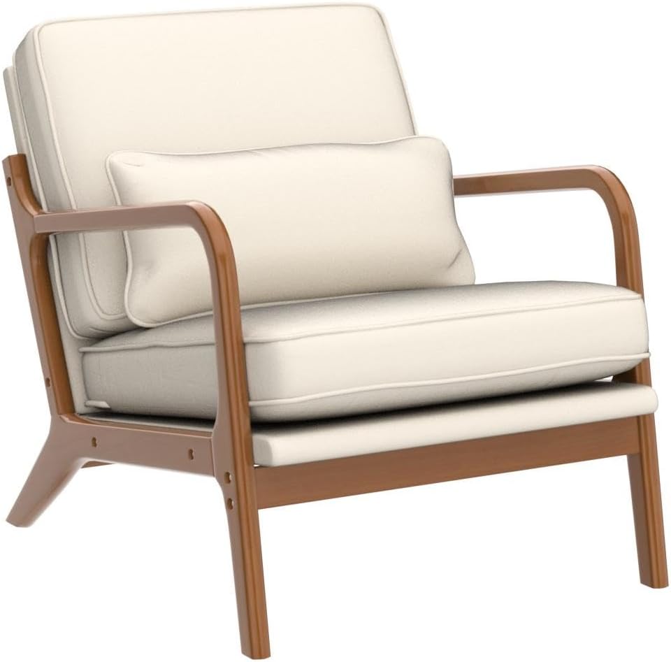 Karl home Accent Chair Mid-Century Modern Chair with Pillow Upholstered Lounge Arm Chair with Solid Wood Frame & Soft Cushion for Living Room, Bedroom, Balcony, Linen Beige (Low Back) - Grand Goldman