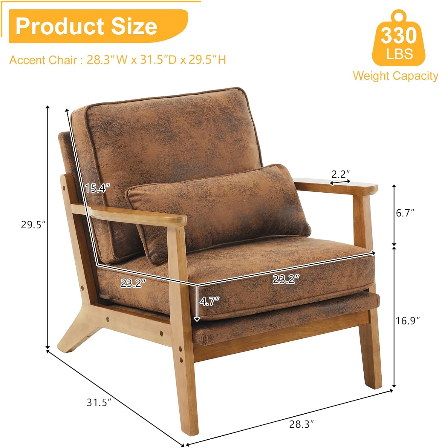 Karl home Accent Chair Wide Armrest Mid-Century Lounge Chair Bronzing Cloth Armchair with Lumbar Pillow & Solid Wood Frame for Living Room, Bedroom, Balcony, Brown - Grand Goldman