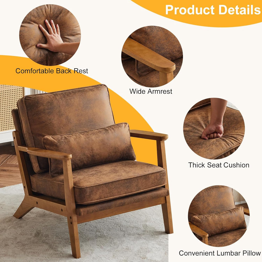 Karl home Accent Chair Wide Armrest Mid-Century Lounge Chair Bronzing Cloth Armchair with Lumbar Pillow & Solid Wood Frame for Living Room, Bedroom, Balcony, Brown - Grand Goldman