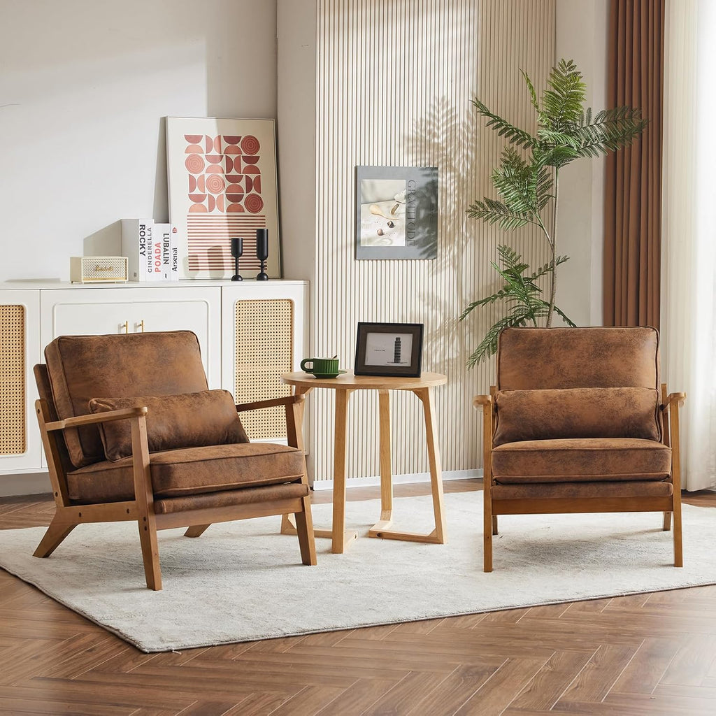 Karl home Accent Chair Wide Armrest Mid-Century Lounge Chair Bronzing Cloth Armchair with Lumbar Pillow & Solid Wood Frame for Living Room, Bedroom, Balcony, Brown - Grand Goldman