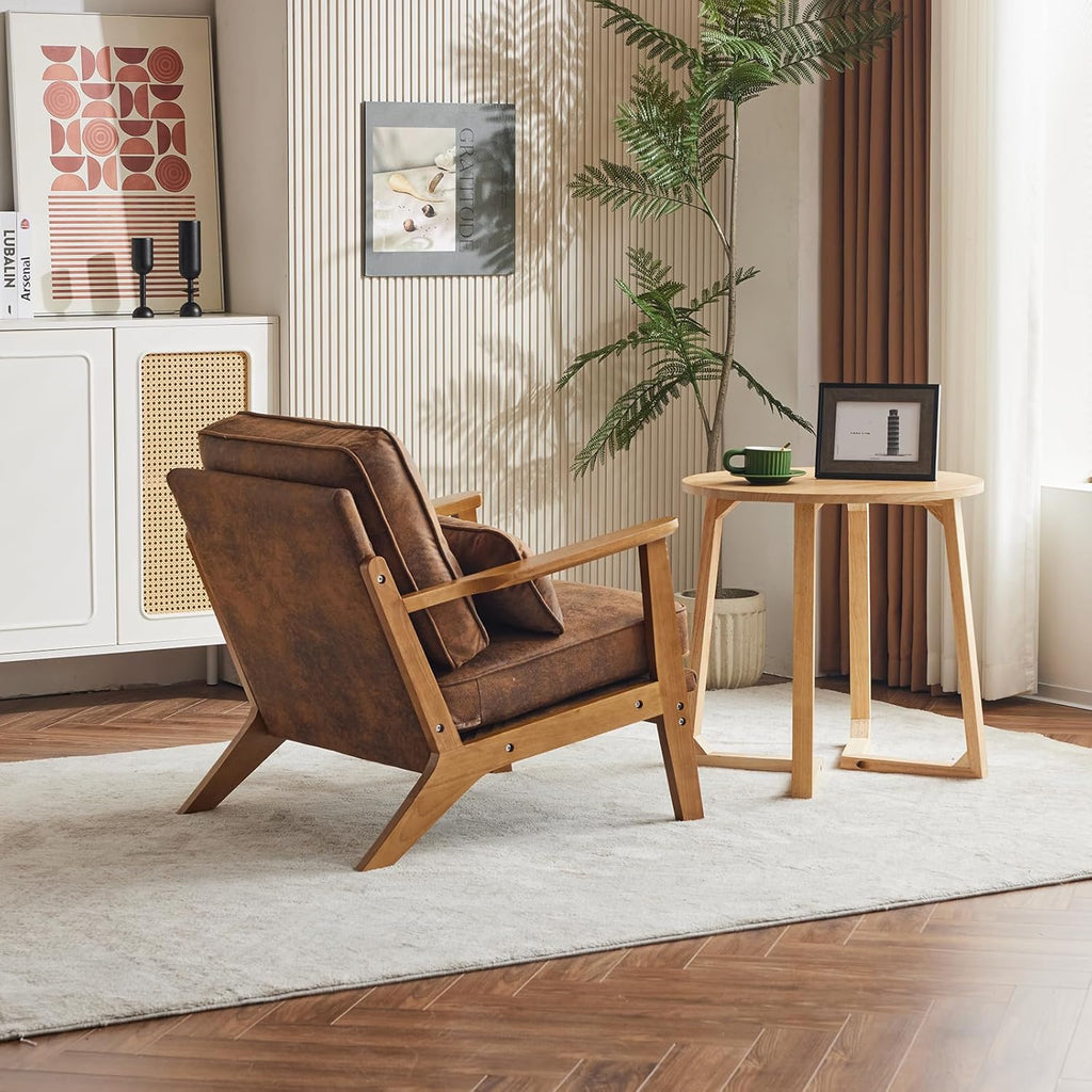 Karl home Accent Chair Wide Armrest Mid-Century Lounge Chair Bronzing Cloth Armchair with Lumbar Pillow & Solid Wood Frame for Living Room, Bedroom, Balcony, Brown - Grand Goldman