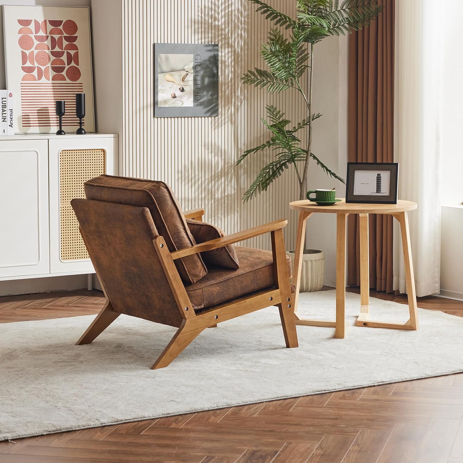 Karl home Accent Chair Wide Armrest Mid-Century Lounge Chair Bronzing Cloth Armchair with Lumbar Pillow & Solid Wood Frame for Living Room, Bedroom, Balcony, Brown - Grand Goldman