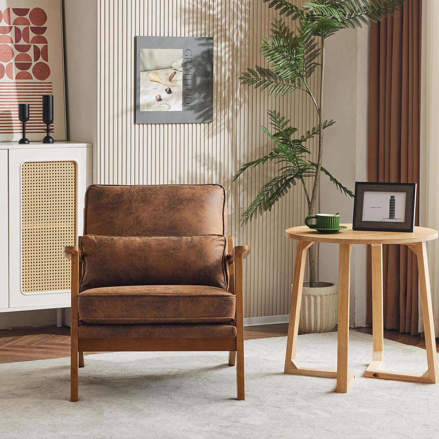 Karl home Accent Chair Wide Armrest Mid-Century Lounge Chair Bronzing Cloth Armchair with Lumbar Pillow & Solid Wood Frame for Living Room, Bedroom, Balcony, Brown - Grand Goldman