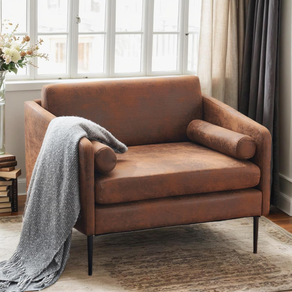 Karl home Mid-Century Club Chair 38.2" Living Room Sofa Oversized Bronzing Cloth Upholstered Accent Chair with Metal Legs for Living Room, Bedroom, Balcony, Apartment, Office, Brown - Grand Goldman