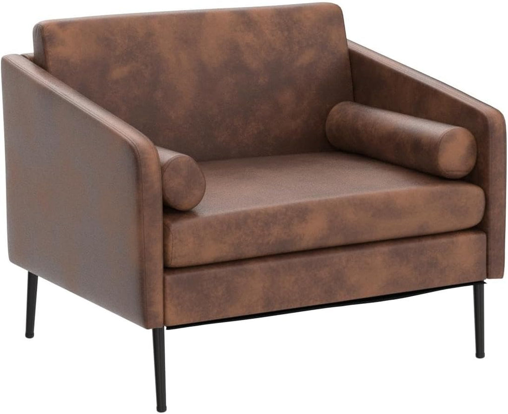 Karl home Mid-Century Club Chair 38.2" Living Room Sofa Oversized Bronzing Cloth Upholstered Accent Chair with Metal Legs for Living Room, Bedroom, Balcony, Apartment, Office, Brown - Grand Goldman