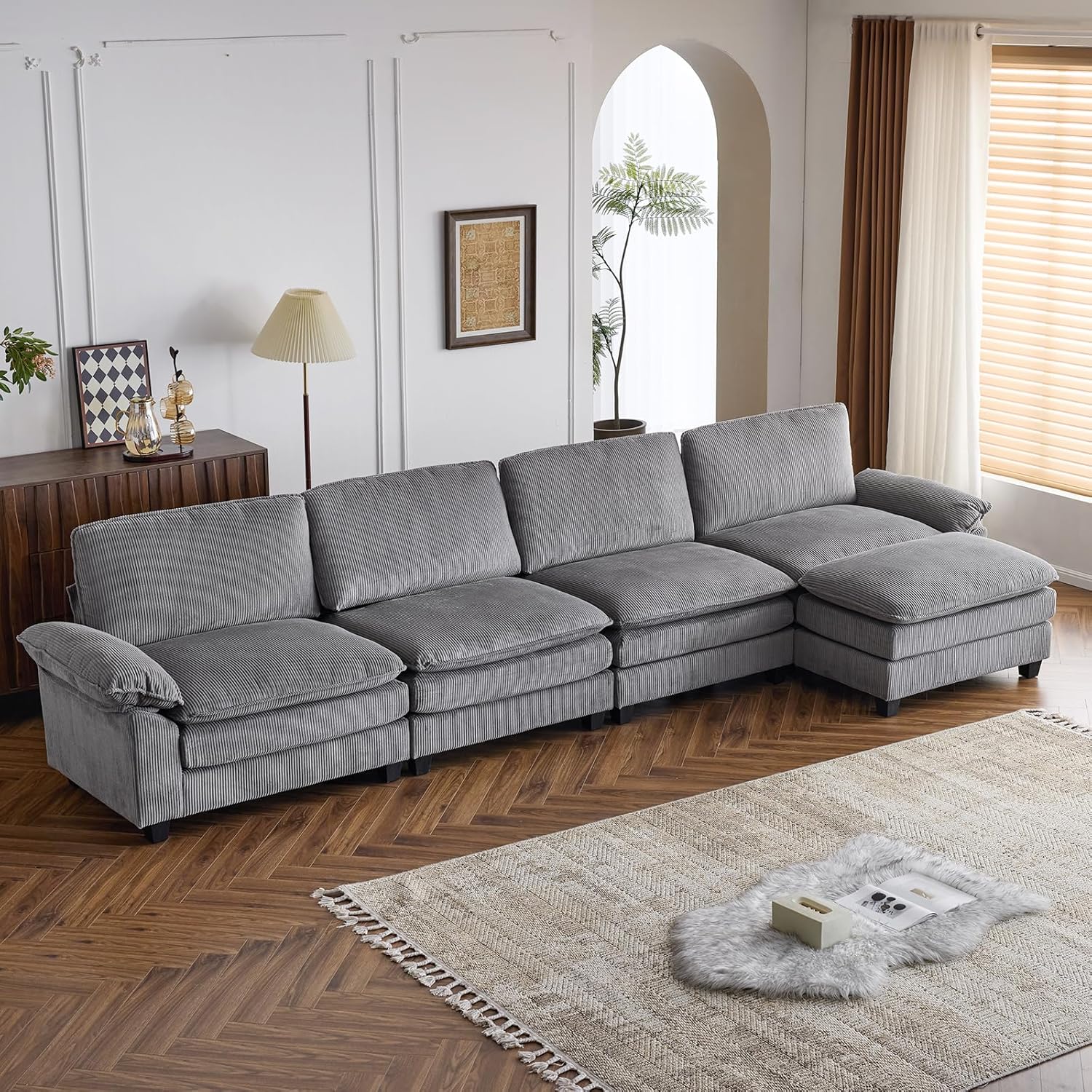 Karl home Sectional Sofa Modular Deep Seat Sofa Couch with Ottoman, Chenille Sofa Sleeper Comfy Upholstered Furniture for Living Room, Apartment, Studio, Office, (3-Seat & 1-Ottoman, Beige) - Grand Goldman