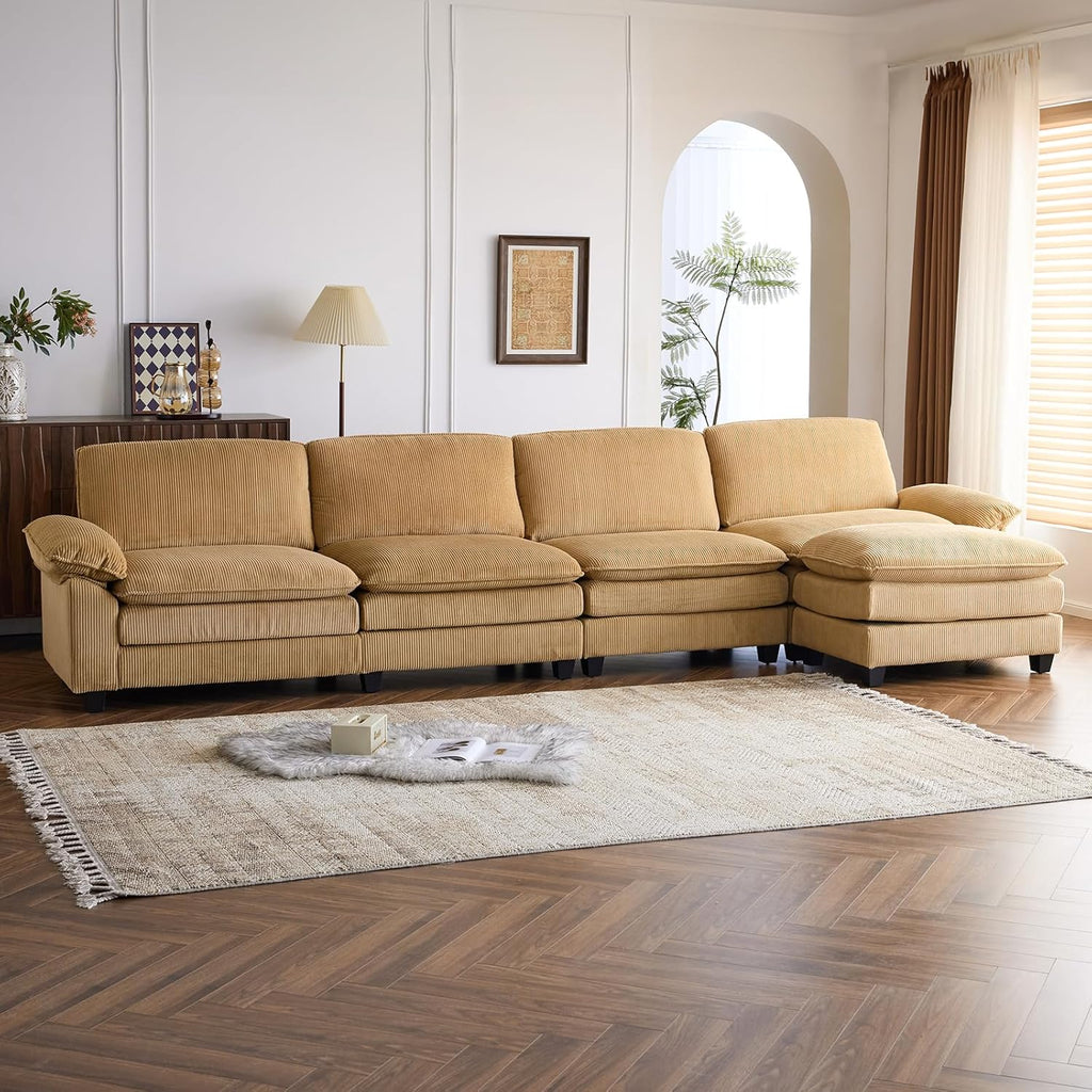 Karl home Sectional Sofa Modular Deep Seat Sofa Couch with Ottoman, Chenille Sofa Sleeper Comfy Upholstered Furniture for Living Room, Apartment, Studio, Office, (3-Seat & 1-Ottoman, Beige) - Grand Goldman