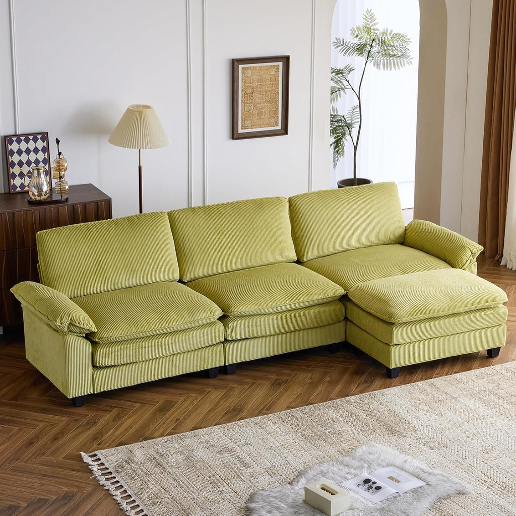 Karl home Sectional Sofa Modular Deep Seat Sofa Couch with Ottoman, Chenille Sofa Sleeper Comfy Upholstered Furniture for Living Room, Apartment, Studio, Office, (3-Seat & 1-Ottoman, Beige) - Grand Goldman