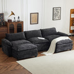 Karl home Sectional Sofa Modular Deep Seat Sofa Couch with Ottoman, Chenille Sofa Sleeper Comfy Upholstered Furniture for Living Room, Apartment, Studio, Office, (3-Seat & 1-Ottoman, Beige) - Grand Goldman