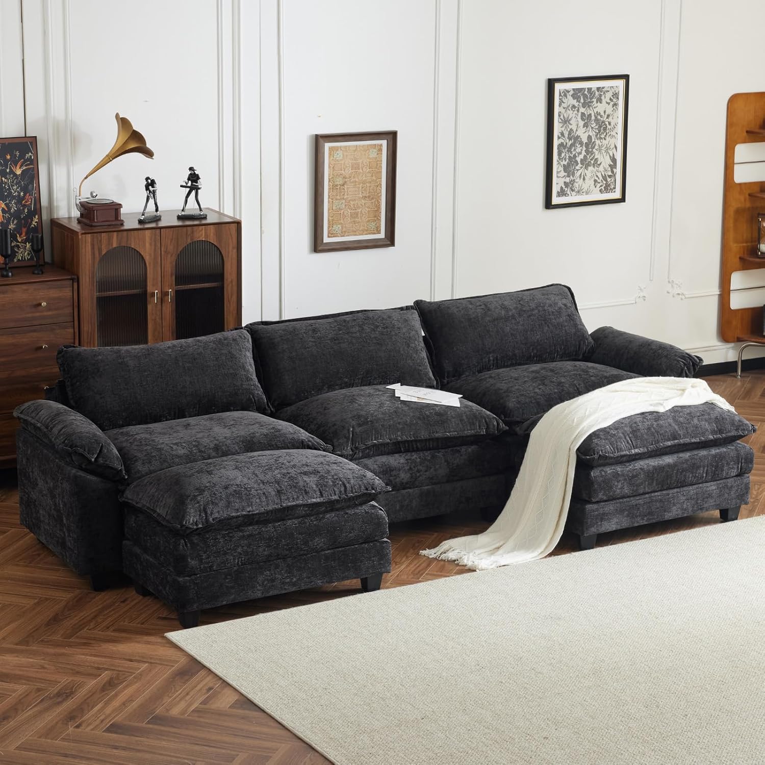 Karl home Sectional Sofa Modular Deep Seat Sofa Couch with Ottoman, Chenille Sofa Sleeper Comfy Upholstered Furniture for Living Room, Apartment, Studio, Office, (3-Seat & 1-Ottoman, Beige) - Grand Goldman