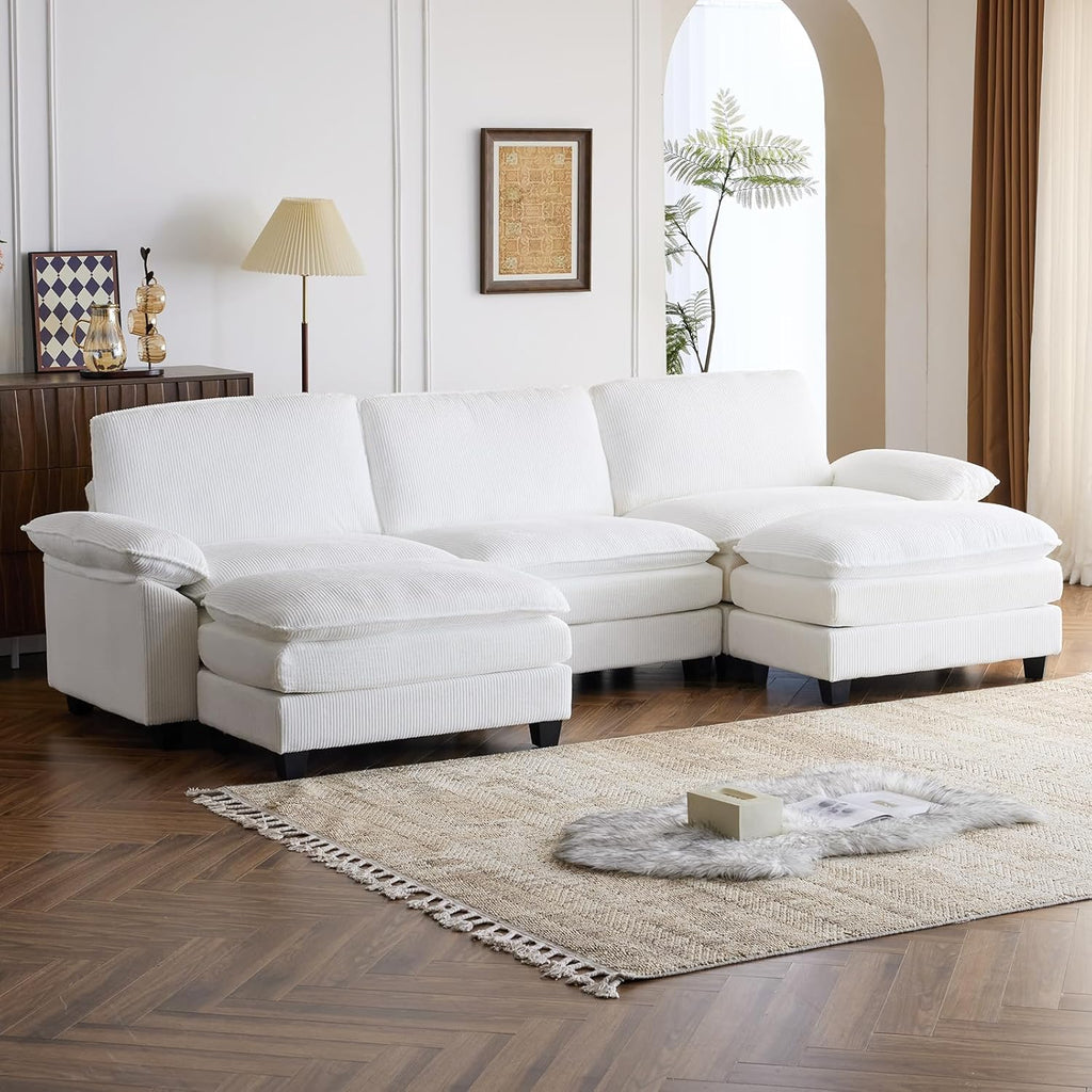 Karl home Sectional Sofa Modular Deep Seat Sofa Couch with Ottoman, Chenille Sofa Sleeper Comfy Upholstered Furniture for Living Room, Apartment, Studio, Office, (3-Seat & 1-Ottoman, Beige) - Grand Goldman