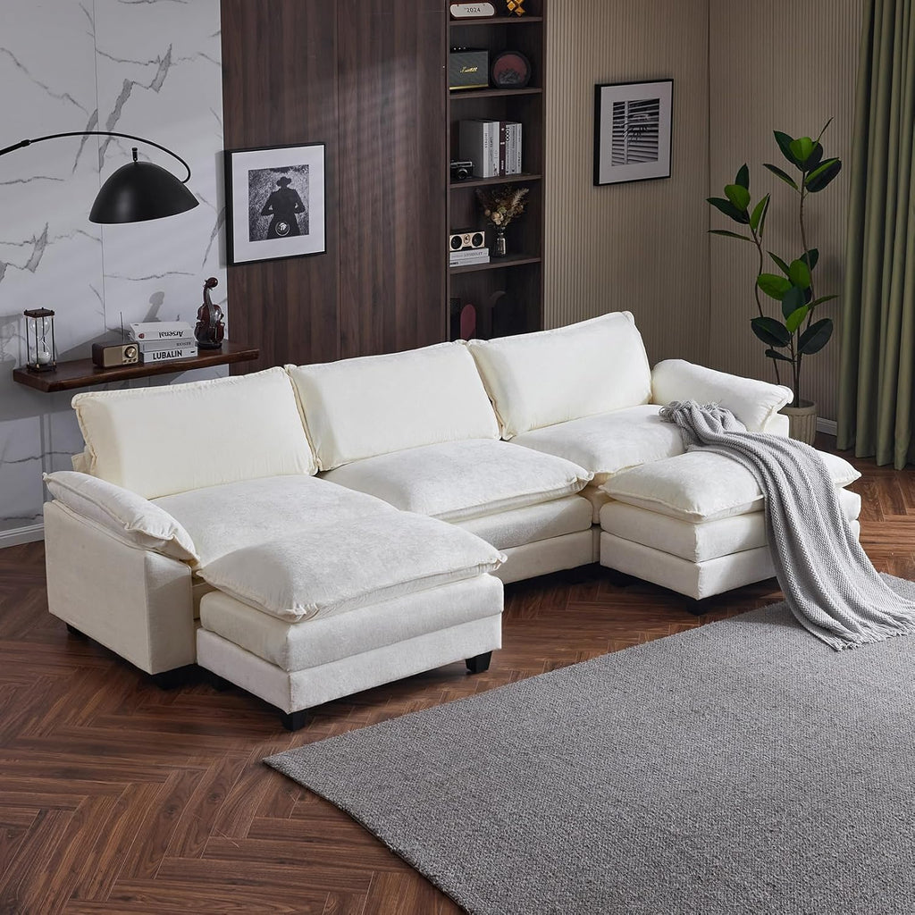 Karl home Sectional Sofa Modular Deep Seat Sofa Couch with Ottoman, Chenille Sofa Sleeper Comfy Upholstered Furniture for Living Room, Apartment, Studio, Office, (3-Seat & 1-Ottoman, Beige) - Grand Goldman