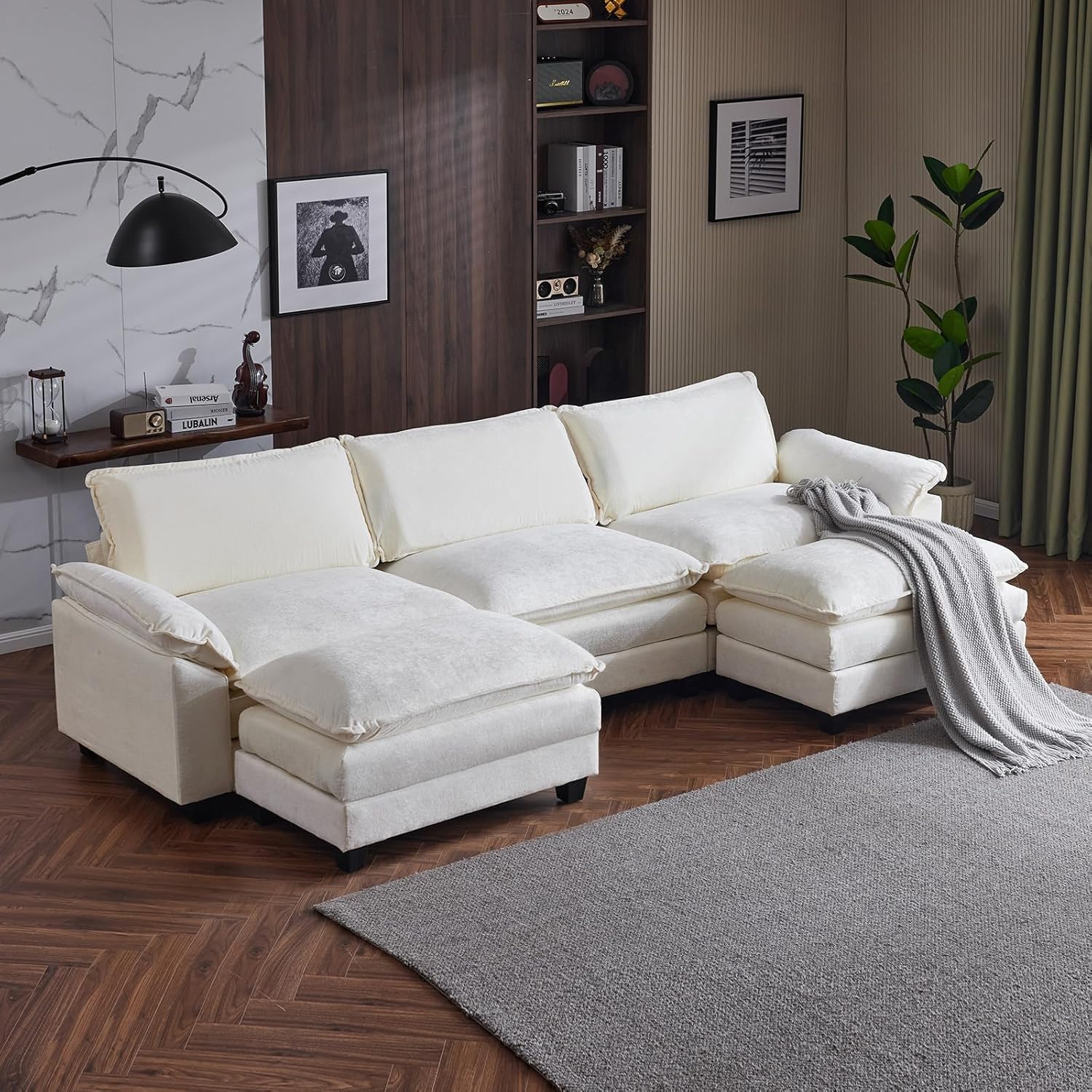 Karl home Sectional Sofa Modular Deep Seat Sofa Couch with Ottoman, Chenille Sofa Sleeper Comfy Upholstered Furniture for Living Room, Apartment, Studio, Office, (3-Seat & 1-Ottoman, Beige) - Grand Goldman
