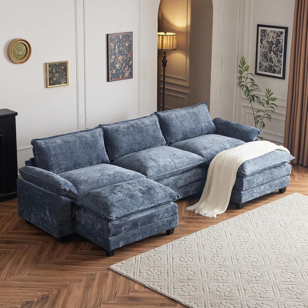 Karl home Sectional Sofa Modular Deep Seat Sofa Couch with Ottoman, Chenille Sofa Sleeper Comfy Upholstered Furniture for Living Room, Apartment, Studio, Office, (3-Seat & 1-Ottoman, Beige) - Grand Goldman