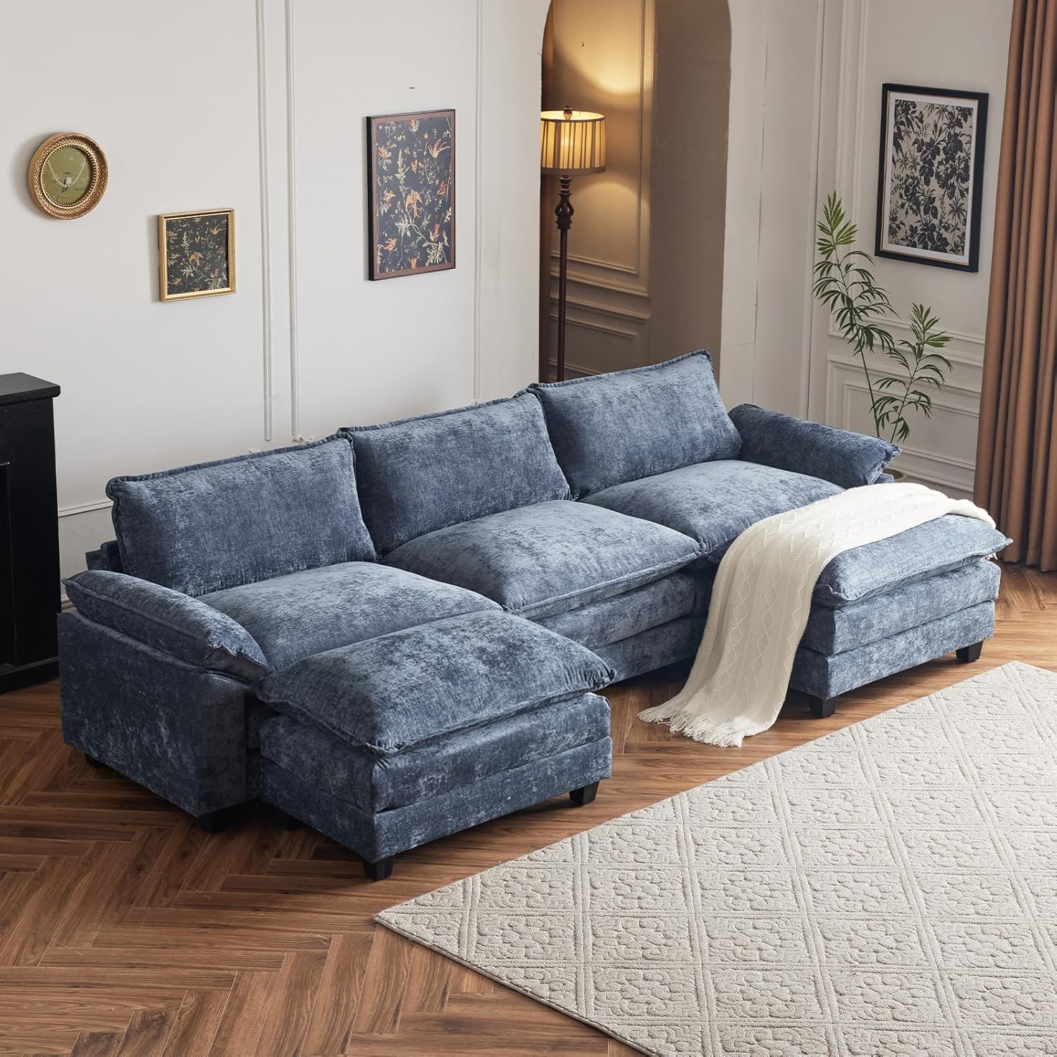 Karl home Sectional Sofa Modular Deep Seat Sofa Couch with Ottoman, Chenille Sofa Sleeper Comfy Upholstered Furniture for Living Room, Apartment, Studio, Office, (3-Seat & 1-Ottoman, Beige) - Grand Goldman