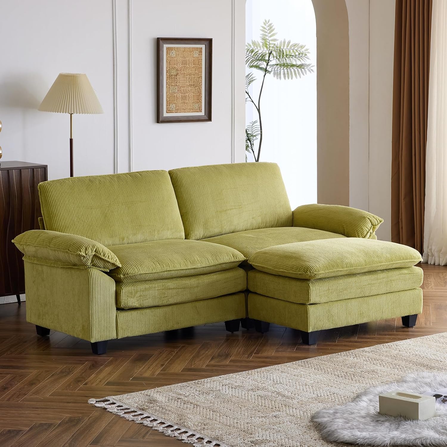 Karl home Sectional Sofa Modular Deep Seat Sofa Couch with Ottoman, Chenille Sofa Sleeper Comfy Upholstered Furniture for Living Room, Apartment, Studio, Office, (3-Seat & 1-Ottoman, Beige) - Grand Goldman