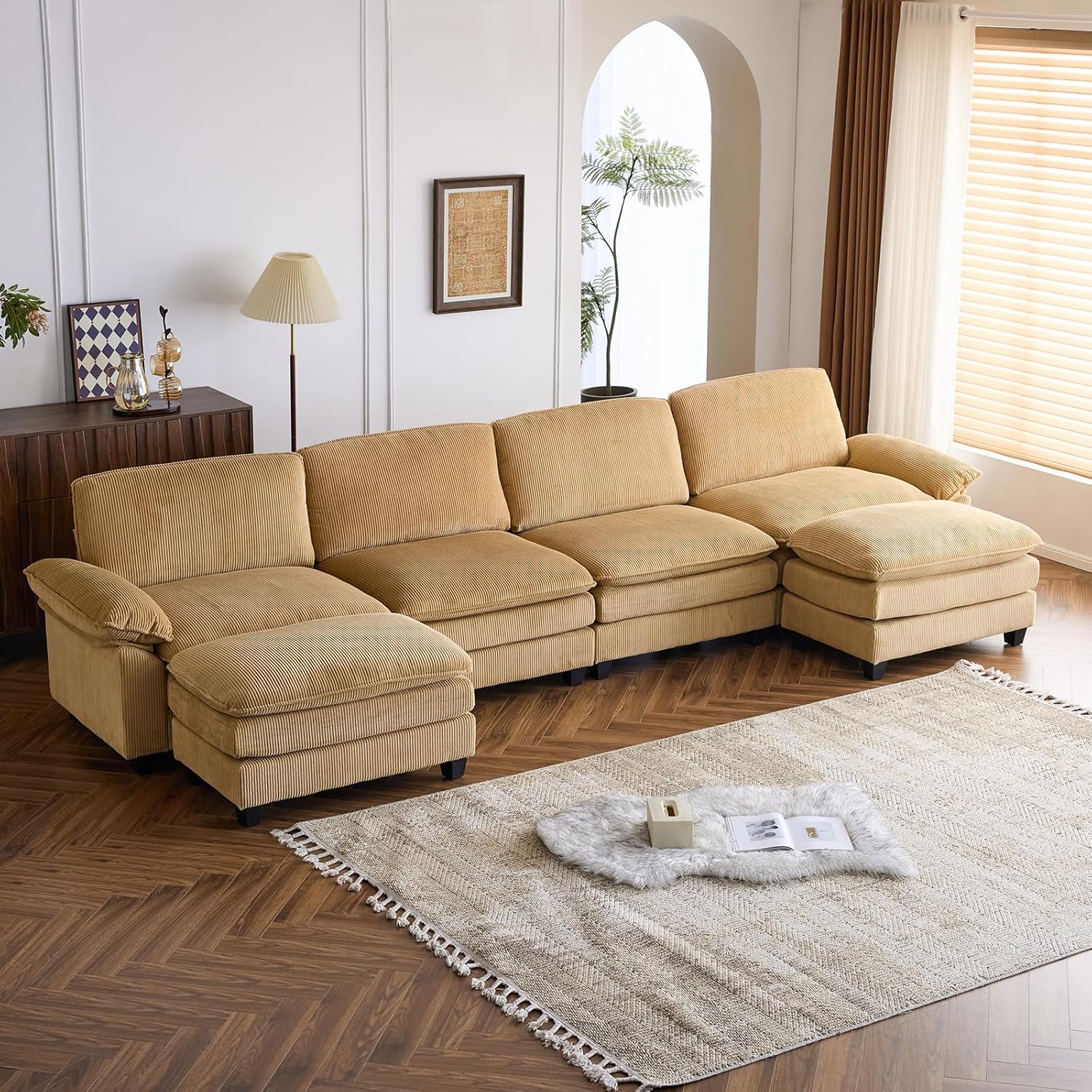 Karl home Sectional Sofa Modular Deep Seat Sofa Couch with Ottoman, Chenille Sofa Sleeper Comfy Upholstered Furniture for Living Room, Apartment, Studio, Office, (3-Seat & 1-Ottoman, Beige) - Grand Goldman