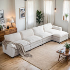 Karl home Sectional Sofa Modular Deep Seat Sofa Couch with Ottoman, Chenille Sofa Sleeper Comfy Upholstered Furniture for Living Room, Apartment, Studio, Office, (3-Seat & 1-Ottoman, Beige) - Grand Goldman