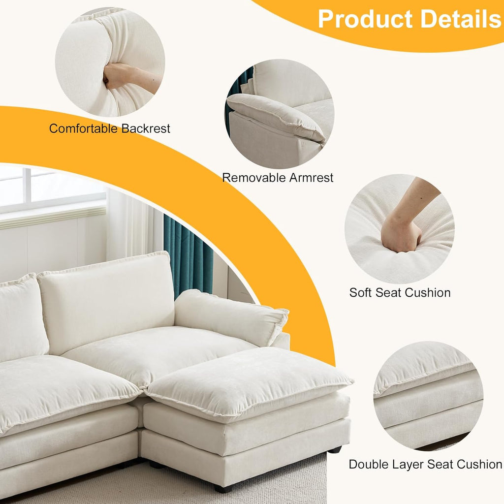 Karl home Sectional Sofa Modular Deep Seat Sofa Couch with Ottoman, Chenille Sofa Sleeper Comfy Upholstered Furniture for Living Room, Apartment, Studio, Office, (3-Seat & 1-Ottoman, Beige) - Grand Goldman