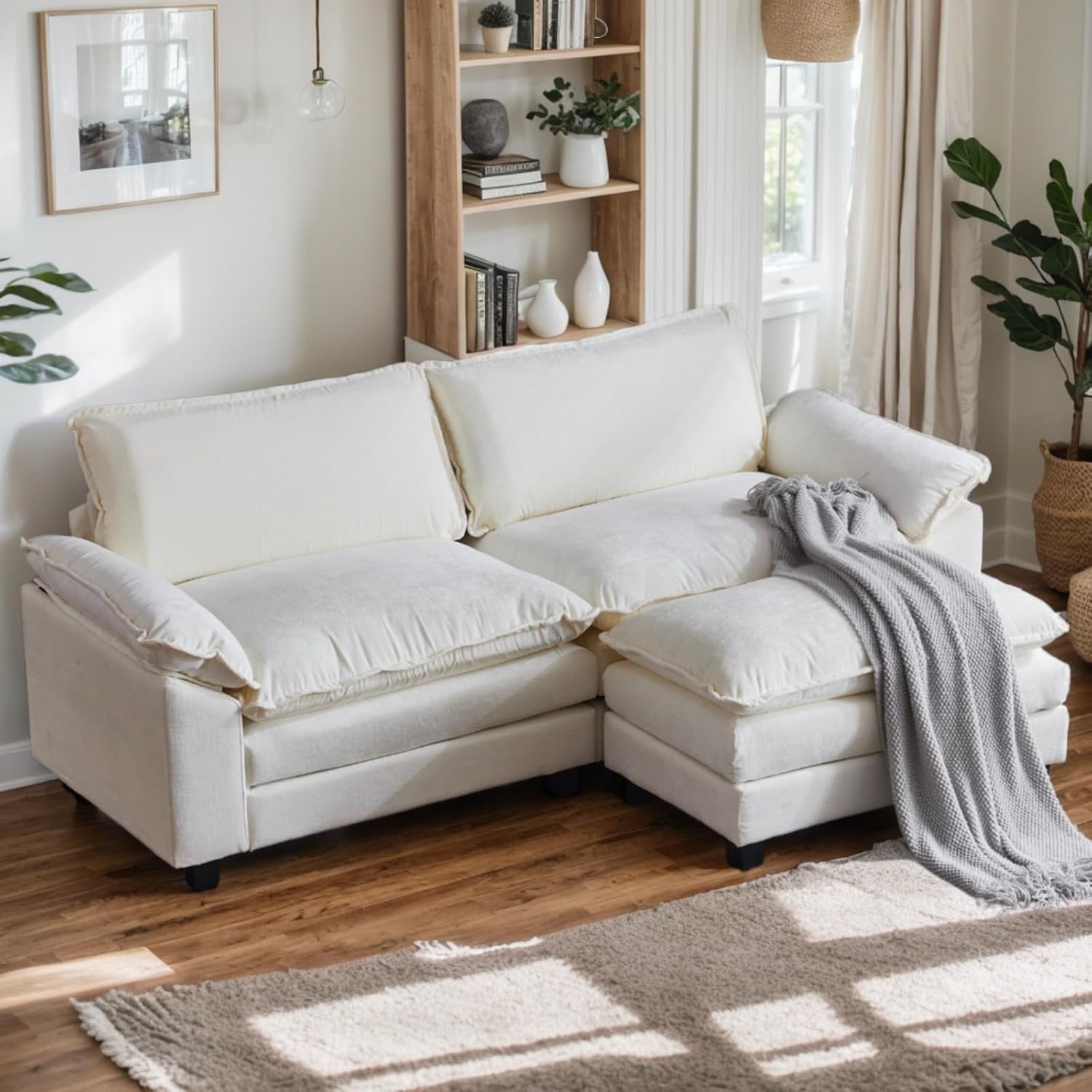 Karl home Sectional Sofa Modular Deep Seat Sofa Couch with Ottoman, Chenille Sofa Sleeper Comfy Upholstered Furniture for Living Room, Apartment, Studio, Office, (3-Seat & 1-Ottoman, Beige) - Grand Goldman