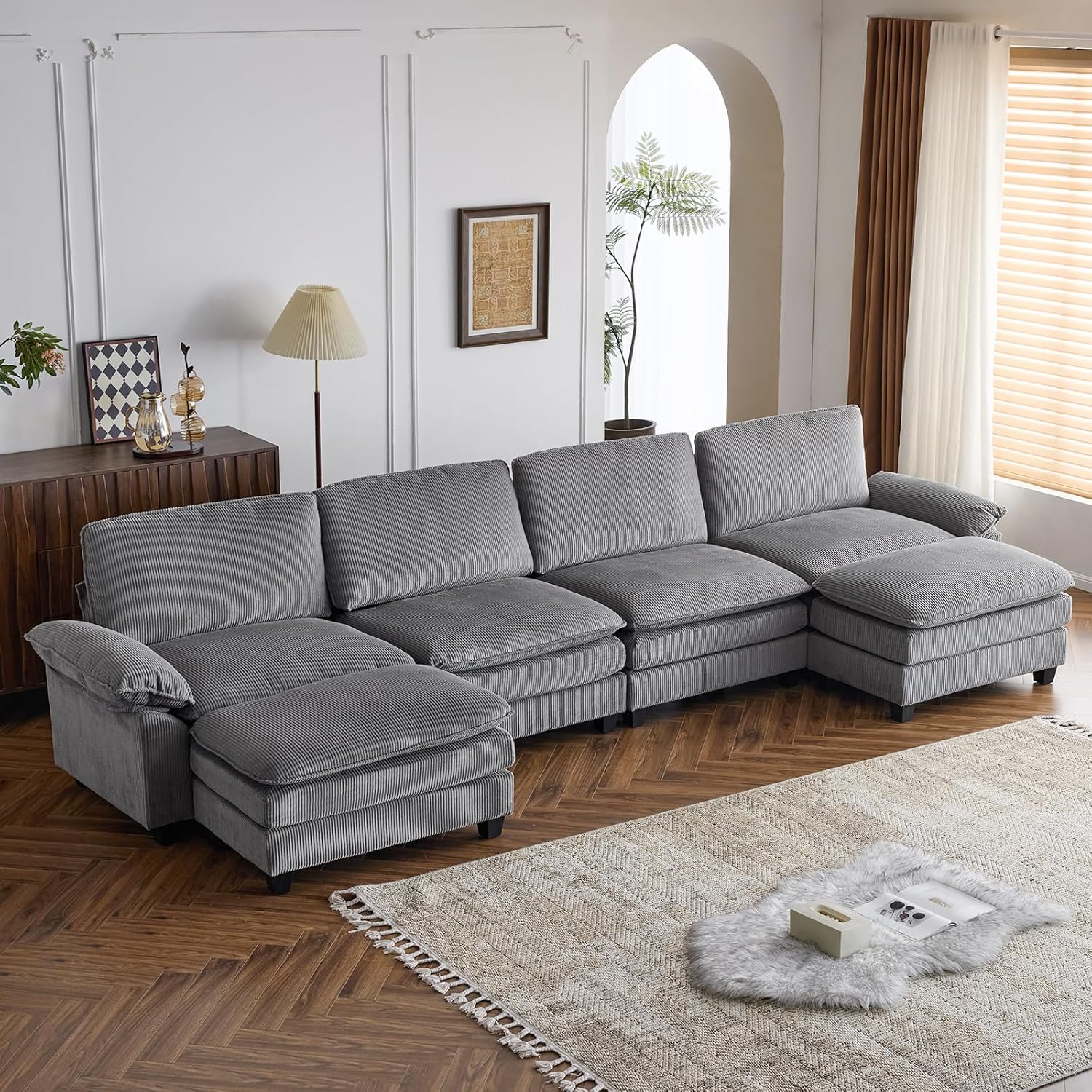 Karl home Sectional Sofa Modular Deep Seat Sofa Couch with Ottoman, Chenille Sofa Sleeper Comfy Upholstered Furniture for Living Room, Apartment, Studio, Office, (3-Seat & 1-Ottoman, Beige) - Grand Goldman