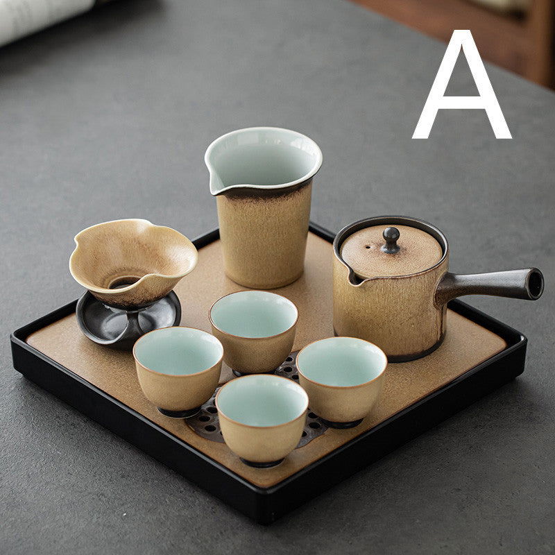Kiln Glazed Side Handle Pot Kung Fu Tea Set Small Set Tea Tray Tea Cup Set - Grand Goldman