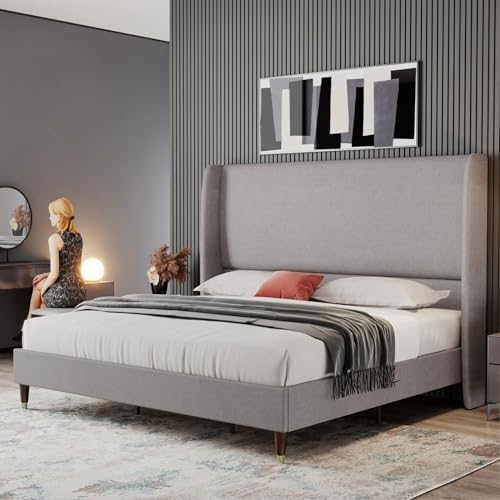 King Platform Bed Frame 51.2" High Headboard Tall Upholstered Bed/No Box Spring Required/Wood Slat Support/Easy Assembly White - Grand Goldman