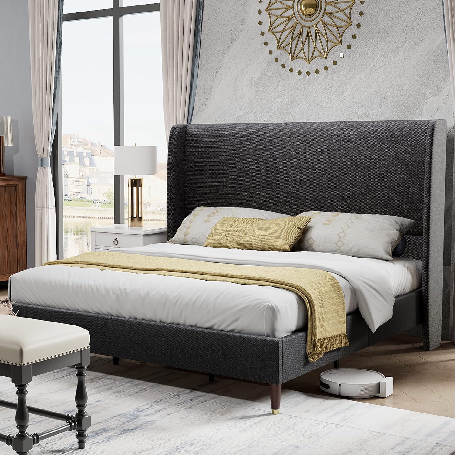 King Platform Bed Frame 51.2" High Headboard Tall Upholstered Bed/No Box Spring Required/Wood Slat Support/Easy Assembly White - Grand Goldman