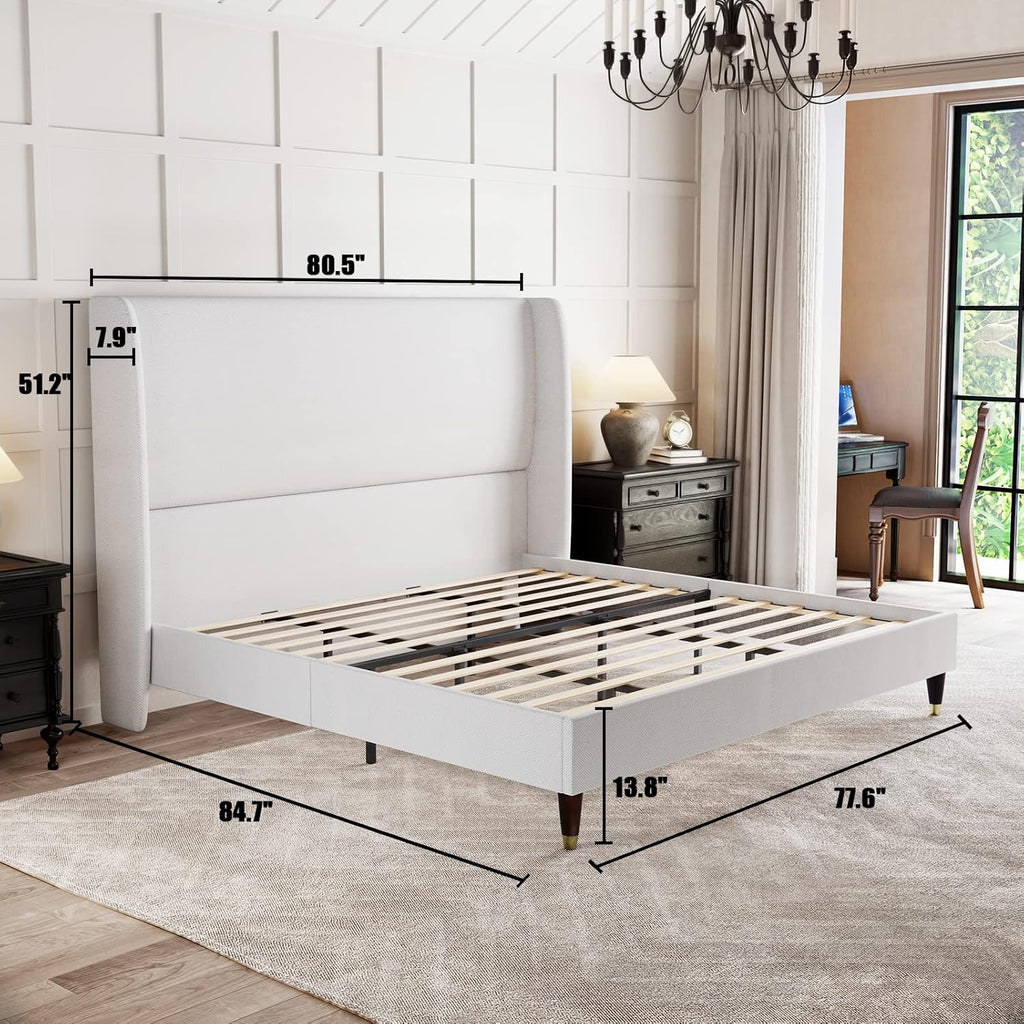 King Platform Bed Frame 51.2" High Headboard Tall Upholstered Bed/No Box Spring Required/Wood Slat Support/Easy Assembly White - Grand Goldman