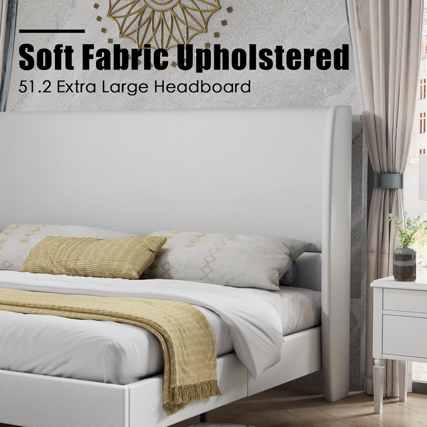 King Platform Bed Frame 51.2" High Headboard Tall Upholstered Bed/No Box Spring Required/Wood Slat Support/Easy Assembly White - Grand Goldman