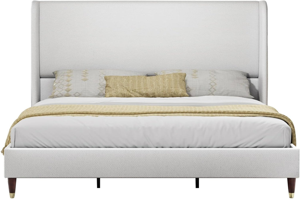 King Platform Bed Frame 51.2" High Headboard Tall Upholstered Bed/No Box Spring Required/Wood Slat Support/Easy Assembly White - Grand Goldman