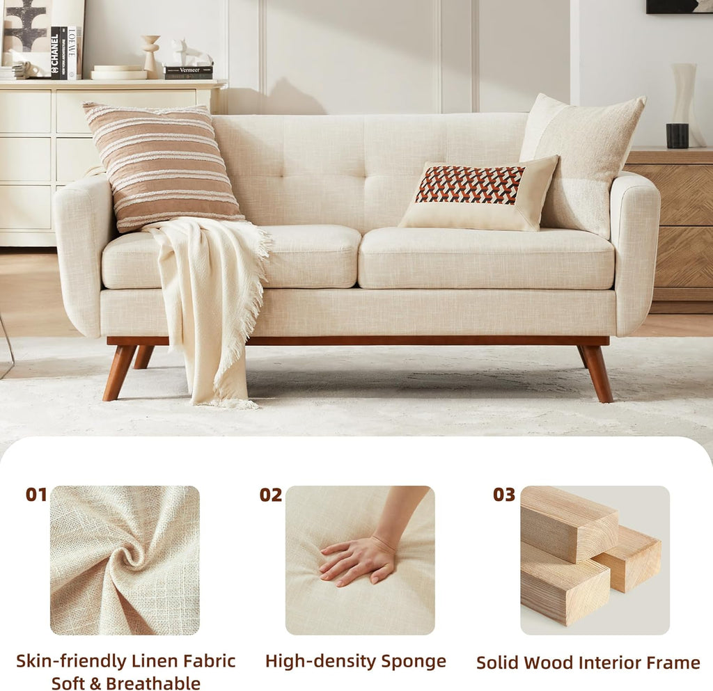 Kingfun 65.3" W Loveseat Sofa, Mid Century Modern Decor Love Seat Couches for Living Room, Button Tufted Upholstered Furniture, Solid & Easy to Install Small Couch for Bedroom Office Apartment, Beige - Grand Goldman